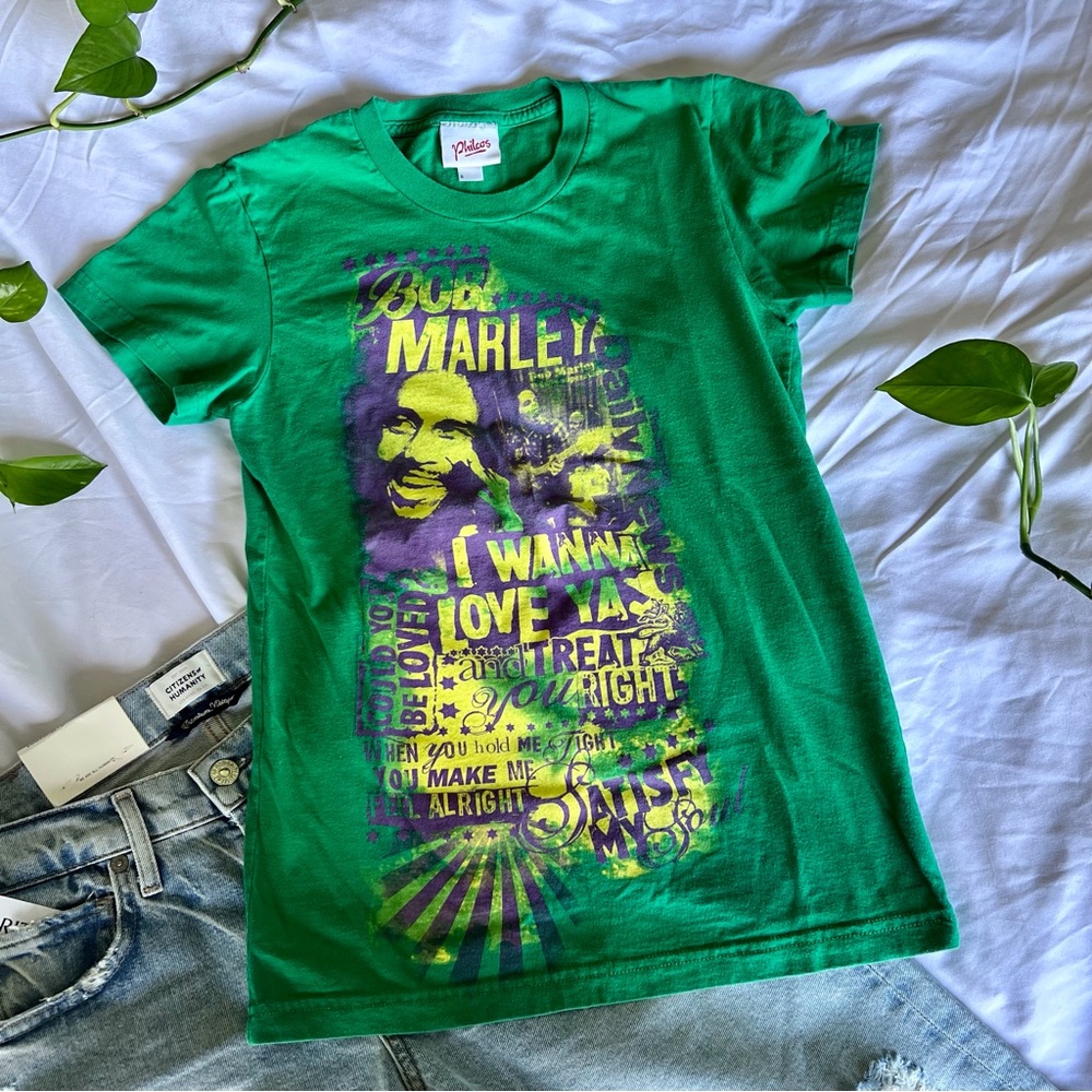 VINTAGE Y2K Green Bob Marley Graphic T-Shirt Philcos Tee size S